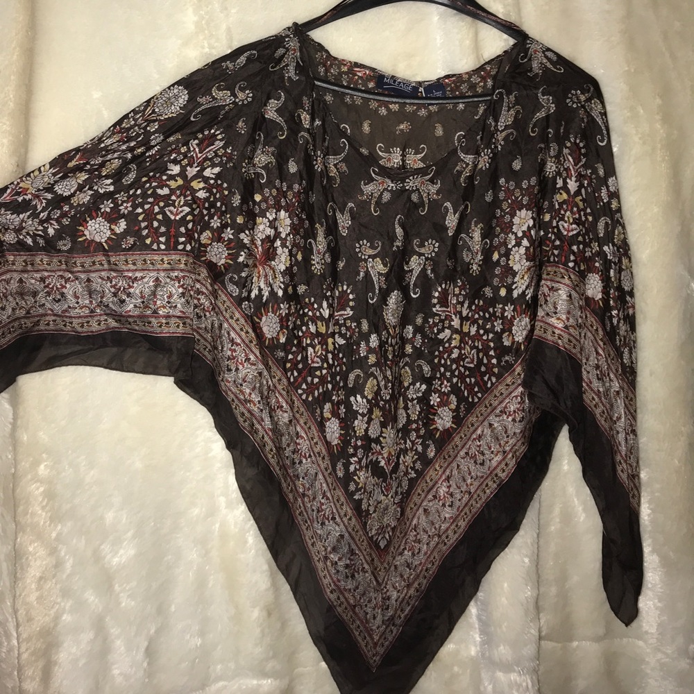 Brown flowery 100% silk Mileage poncho Large