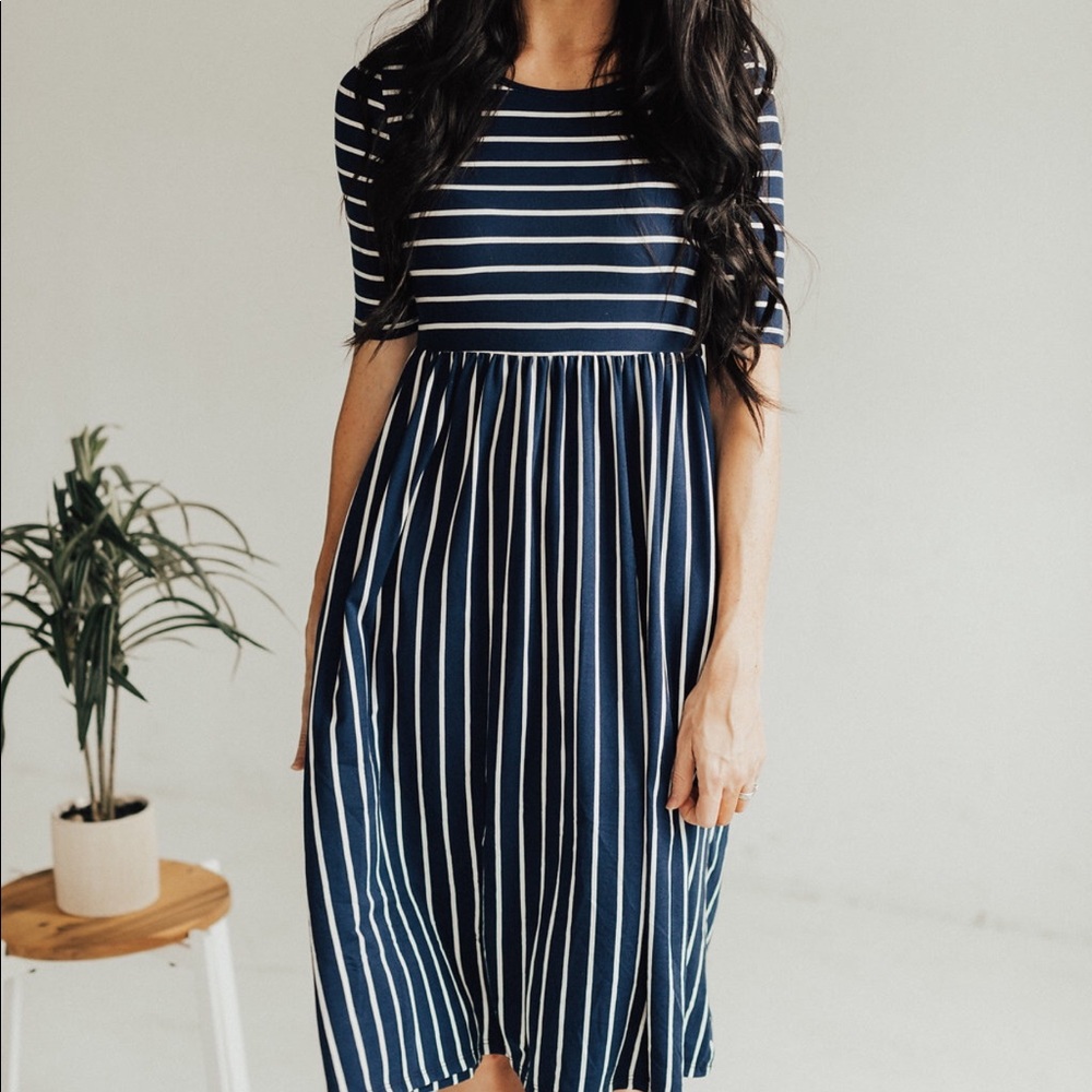 Striped Midi Dress with Pockets - Navy/Ivory - Picture 2 of 7
