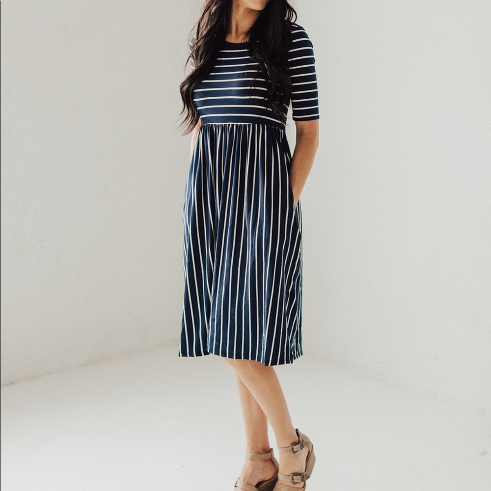 Striped Midi Dress with Pockets - Navy/Ivory - Picture 3 of 7