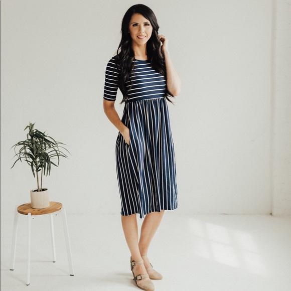 Striped Midi Dress with Pockets - Navy/Ivory - Picture 6 of 7