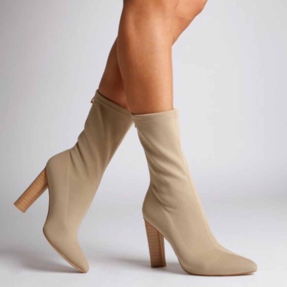 Tan Ego Knit Ankle Boot with Wood Heel