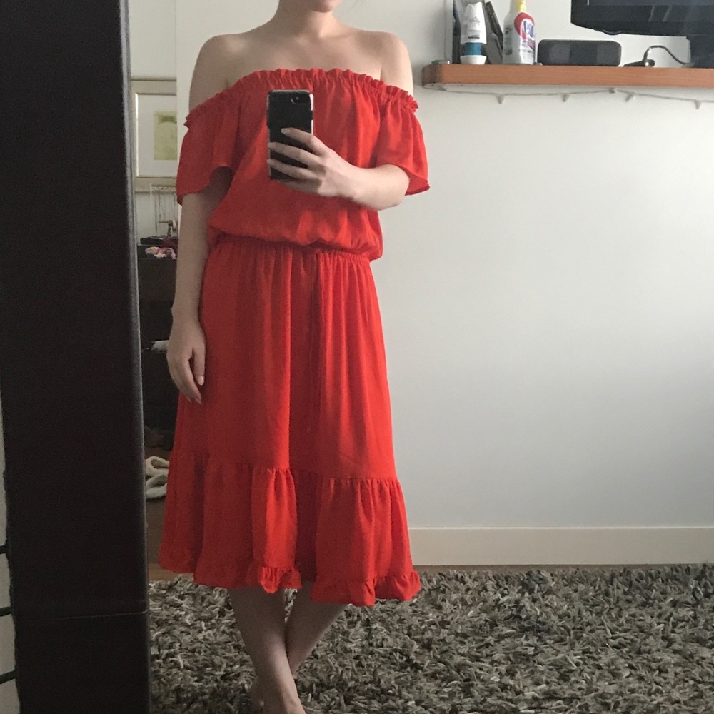 Coral mid-length flamenco dress!