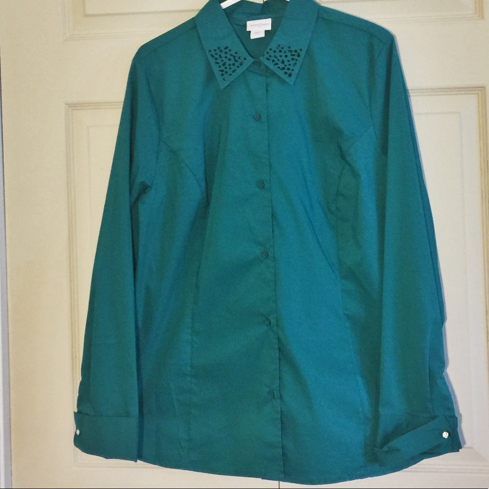 Turquoise button down shirt with black beading