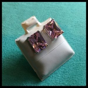 Pink Rectangular Stud Earrings set in silver tone