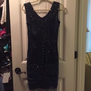 Navy beaded sheath dress-roaring 20's style