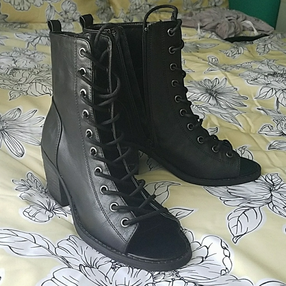 Lace up open toed faux leather boots