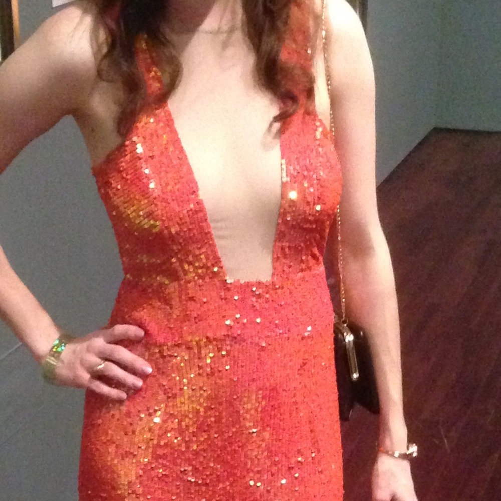 Formal black tie sequined gown in coral - Picture 2 of 6