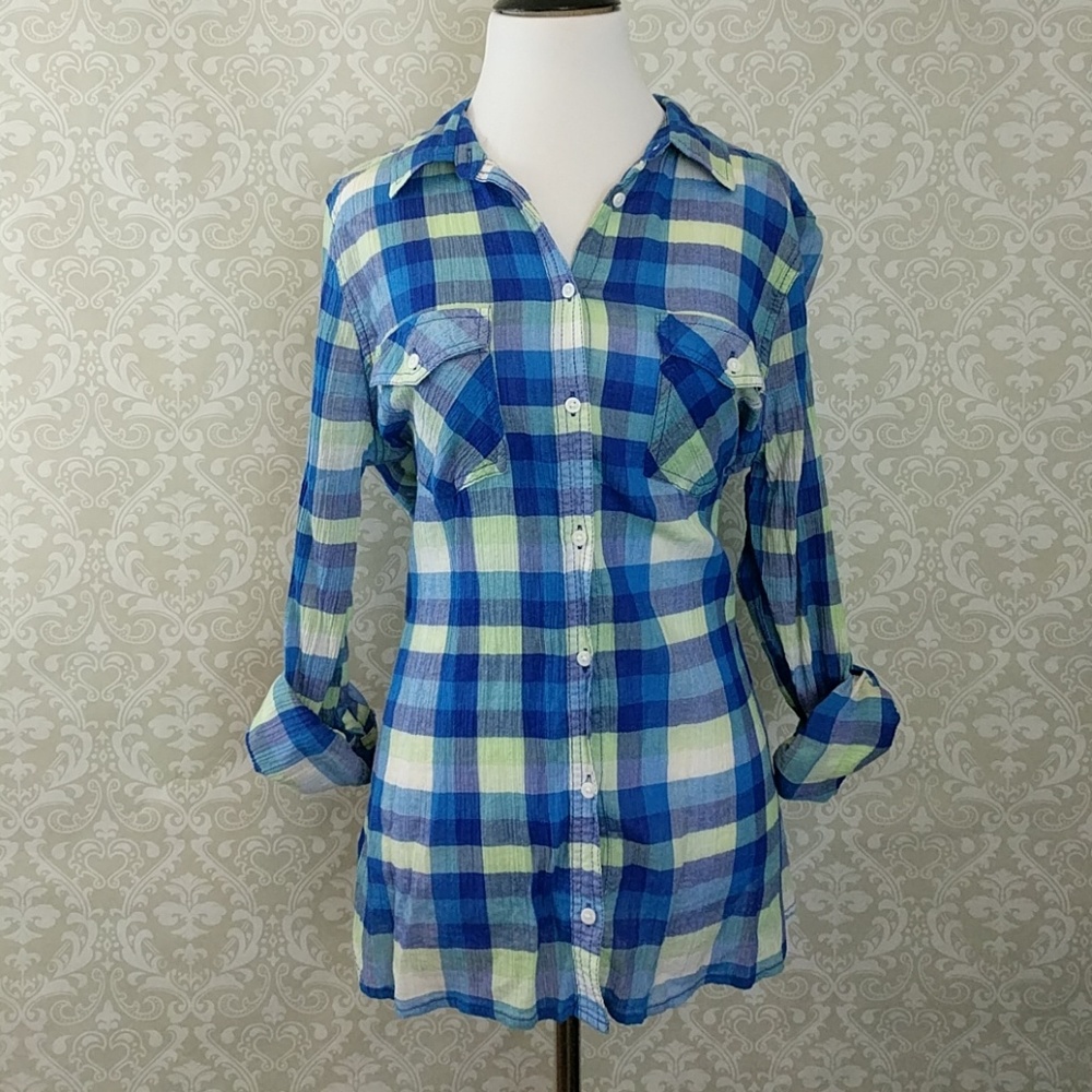 Blue Plaid Button Down Top