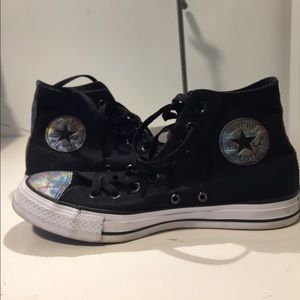 Black, oil slick, high top converse