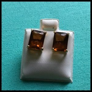 Brown Rectangle Stud Earrings set in Gold Tone