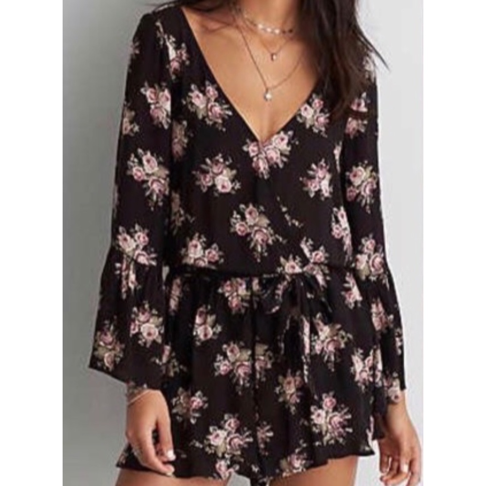 Floral Bell Sleeved Wrap Romper