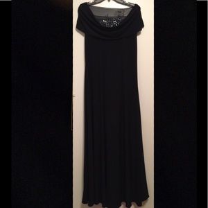 Navy Patra Drape Neck Beaded Illusion Mesh Gown