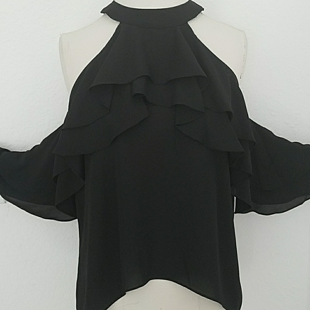 1 LEFT-Black Ruffled Cold Shoulder Top - Picture 3 of 5