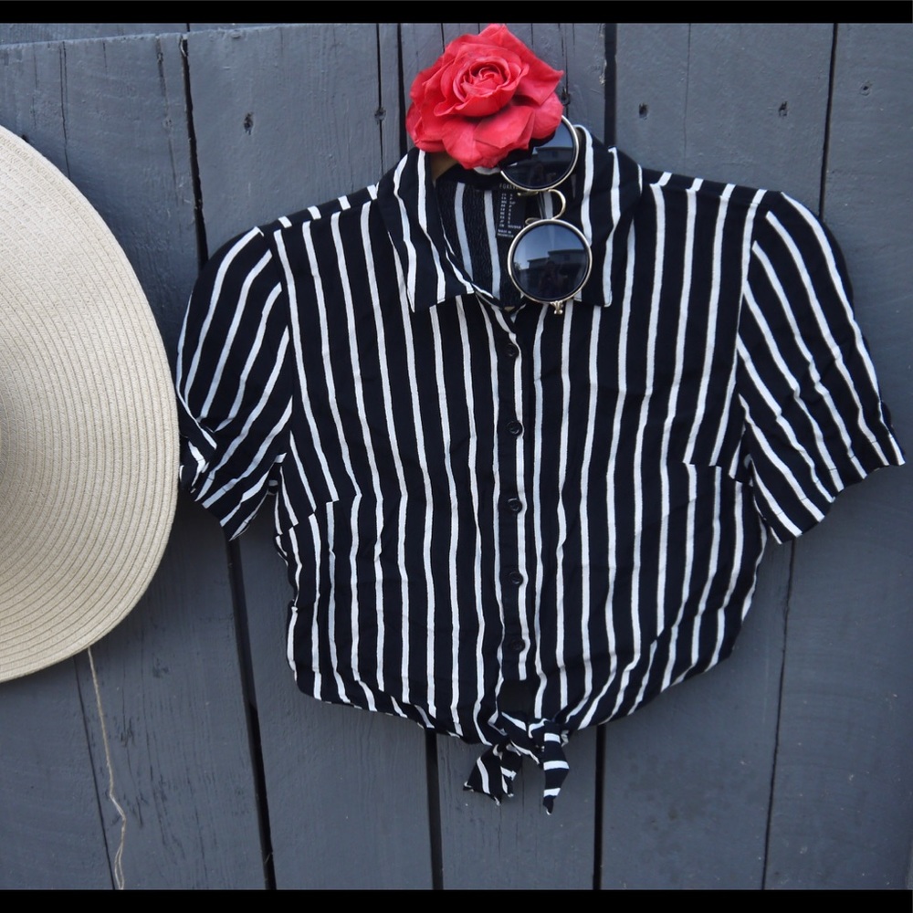 Tie front striped button down shirt