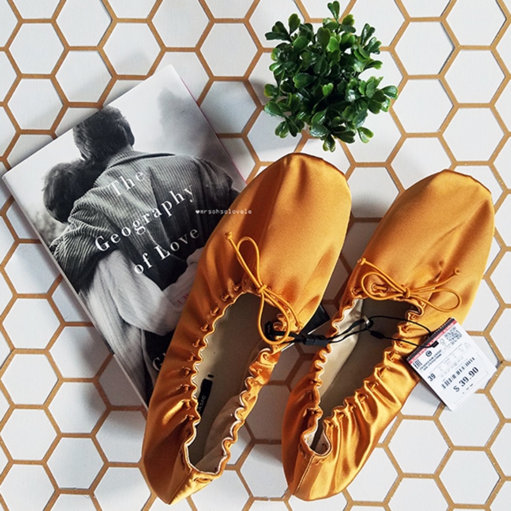 Zara Sateen Mustard Ballerina Flats Sz 8