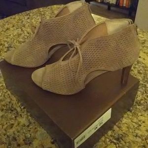 Tan suede open toe heels perfect for fall