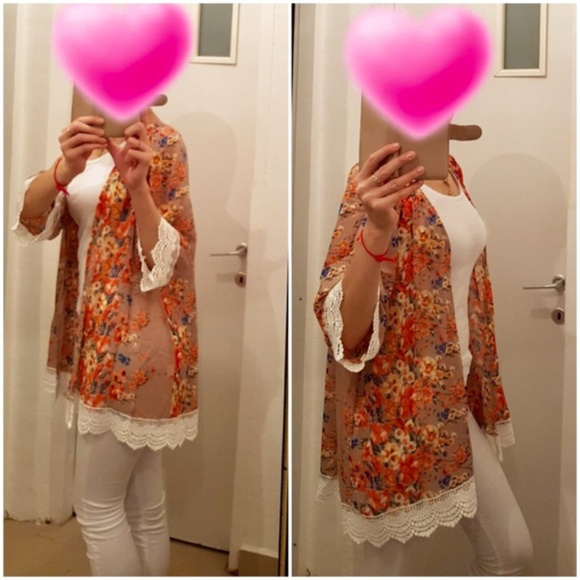 Printed Chiffon Loose Floral Kimono With Lace- Tan - Picture 6 of 8