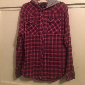 Red hooded flannel with 2 button front pockets