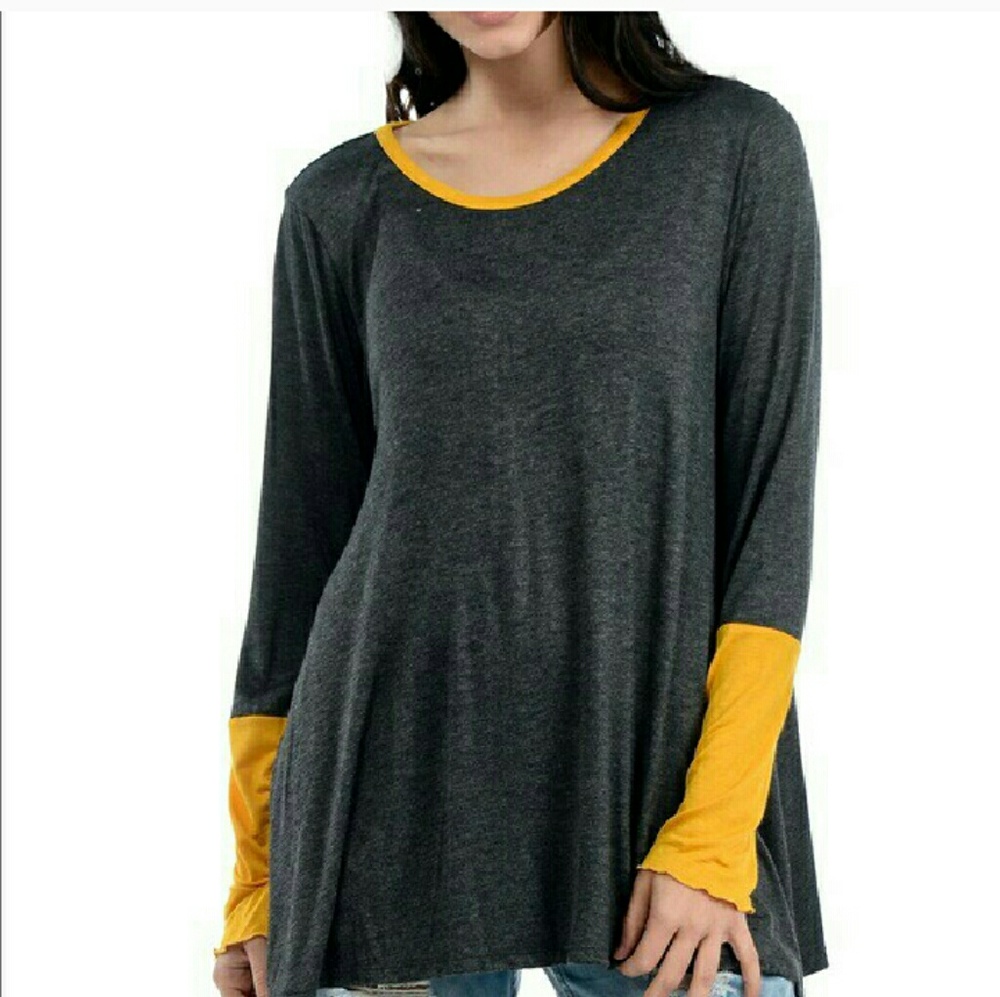 Boutique color block tunic mustard charcoal ruffle