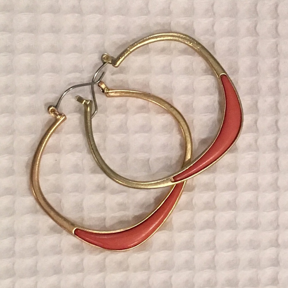 Coral Dipped Rustic Gold Hoop Earrings