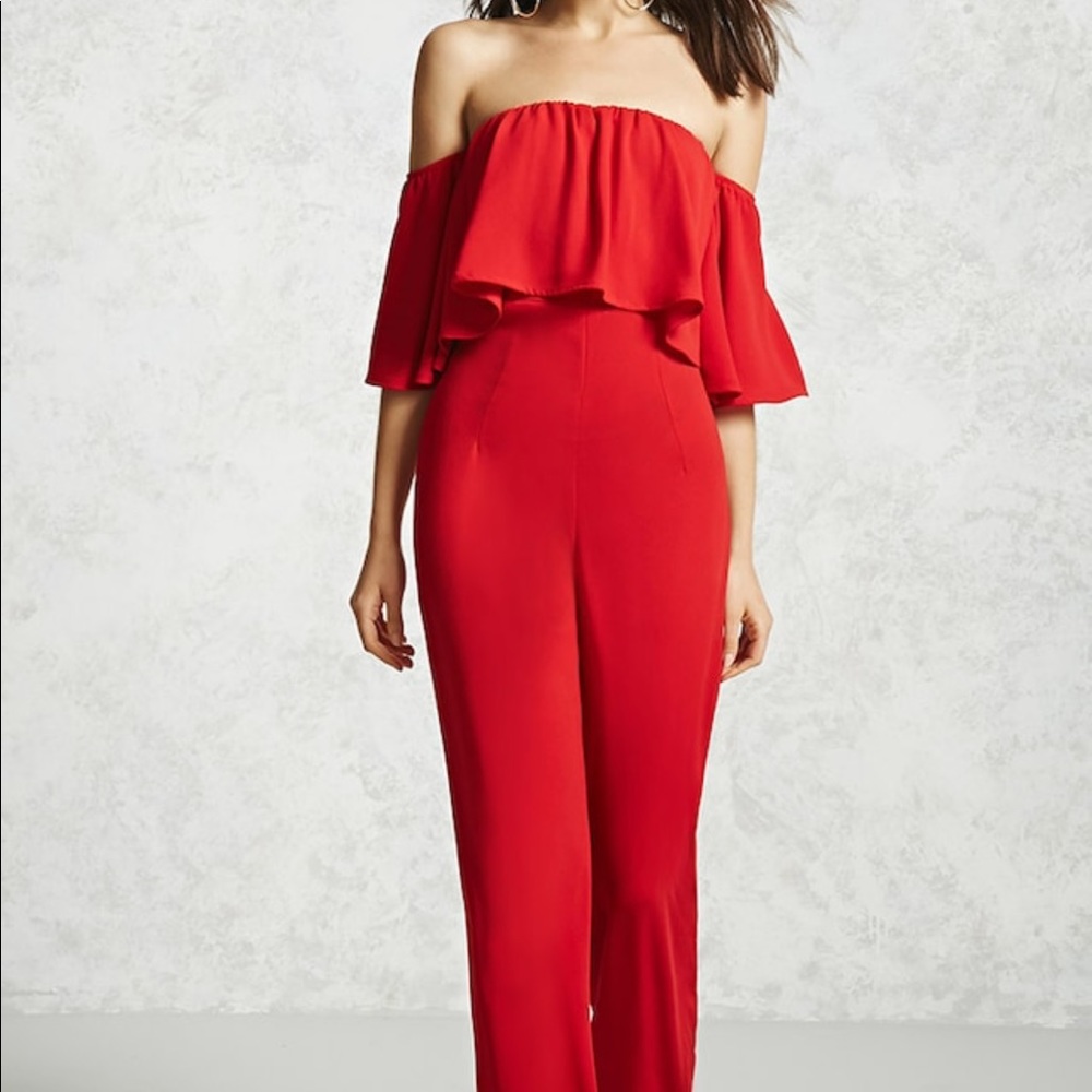 Red off shoulder jumpsuit