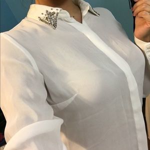 Long Sleeve Button Front Blouse w/ Rhinestone