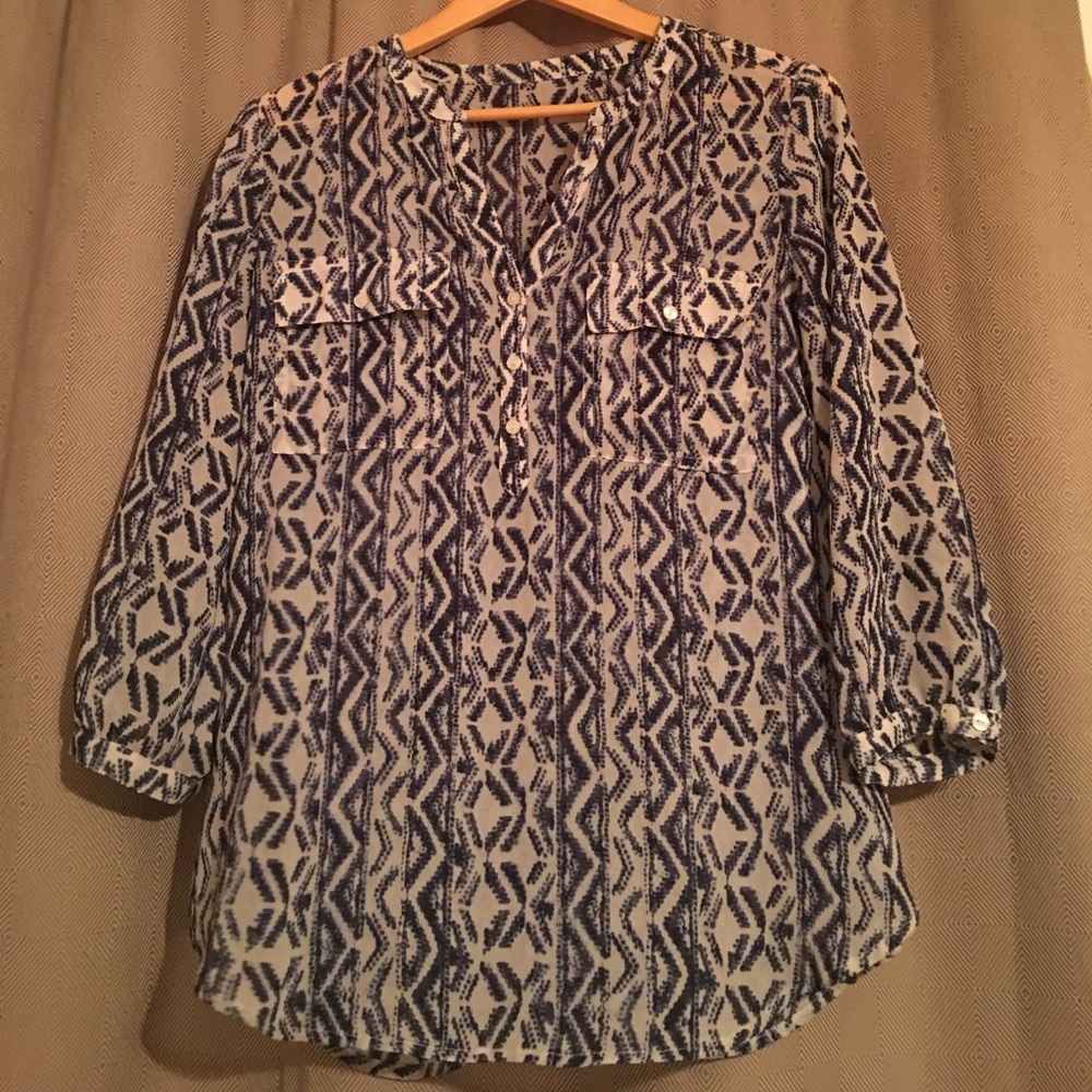 Lucky brand sheer navy and white tribal blouse