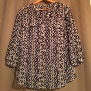 Lucky brand sheer navy and white tribal blouse