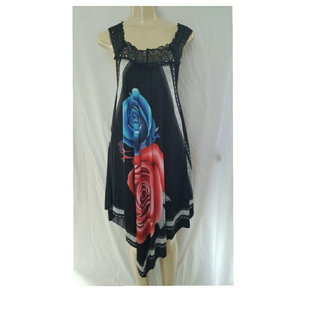 New Black loose diagonal dress rose print