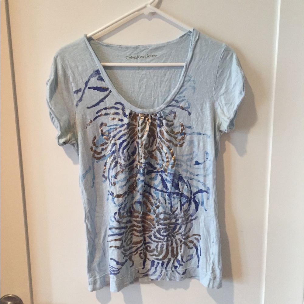 Metallic-patterned light blue tee by CK Jeans