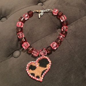 Cowhide Cheetah Heart Acrylic Swarovski Necklace