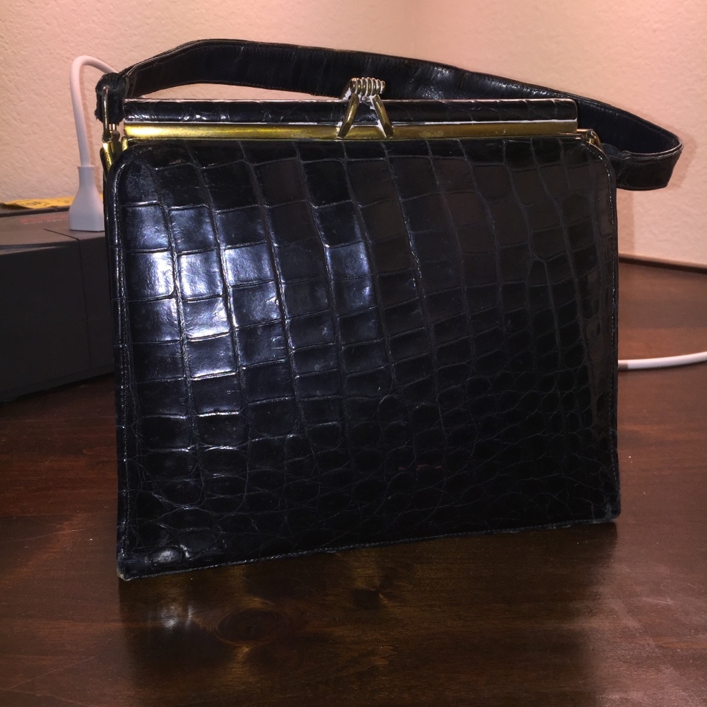 Beautiful shiny genuine black alligator handbag
