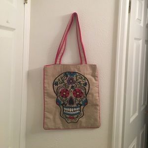Embroidered sugar skull tote