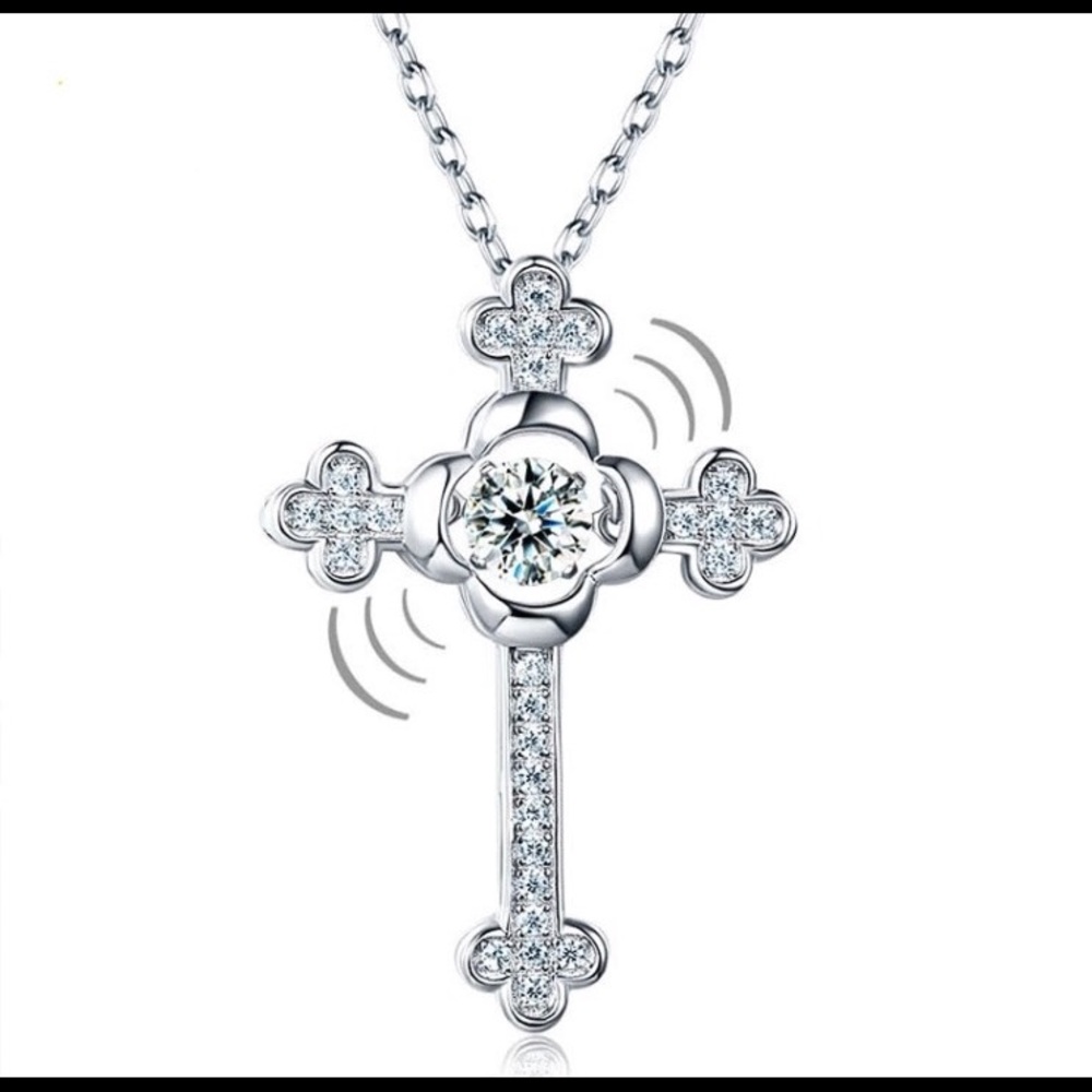 Dancing created diamond solid silver cross pendant