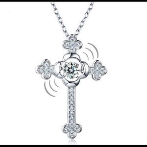 Dancing created diamond solid silver cross pendant