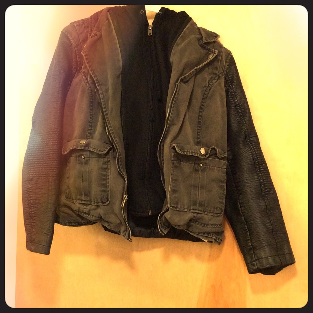 Army Jacket With Faux-Leather Sleeves