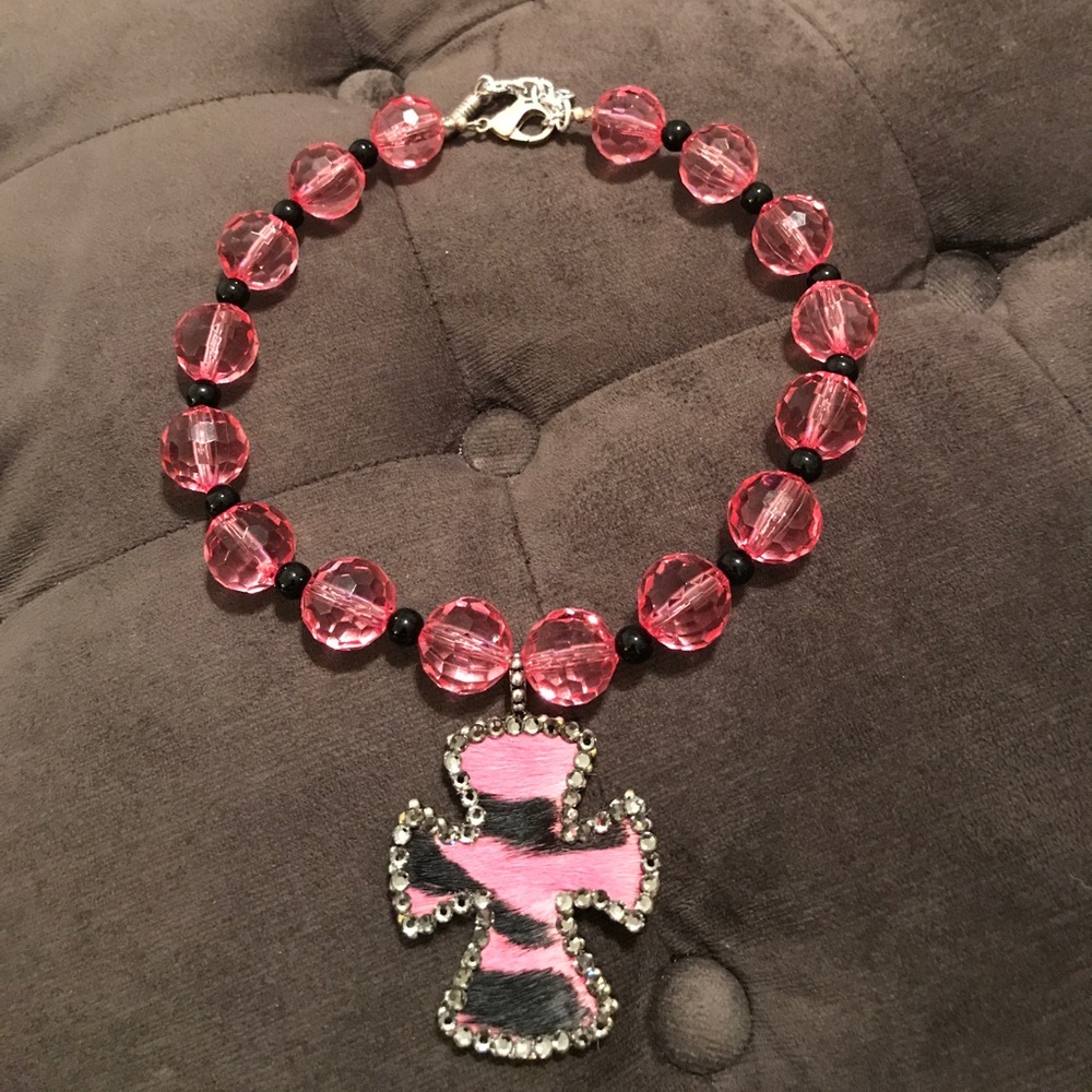 Pink Cowhide Zebra Cross Swarovski Necklace