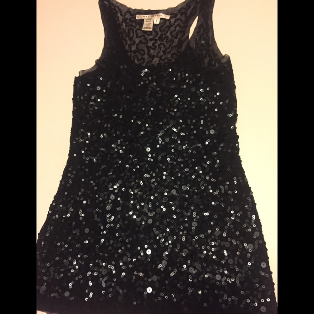 Black sequined stretch mesh top