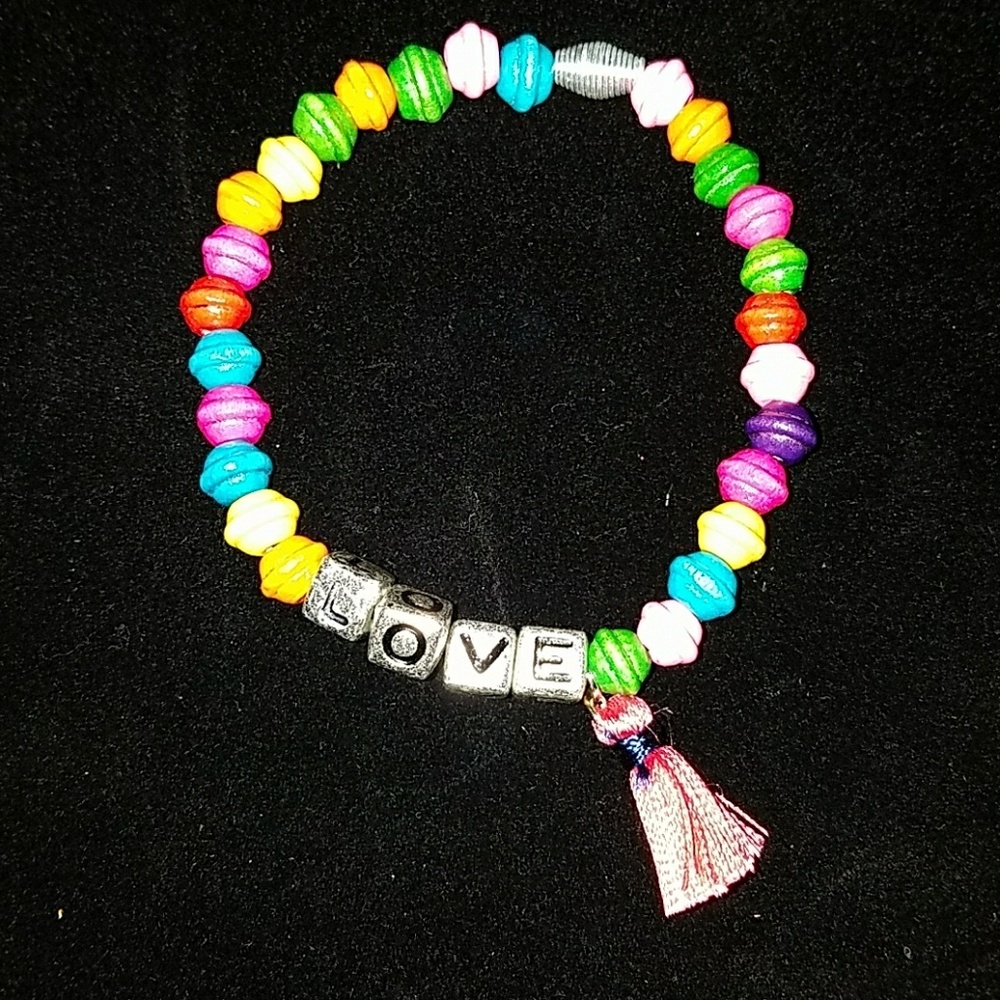 Elastic Wooden Bead Bracelet w/ Tassel