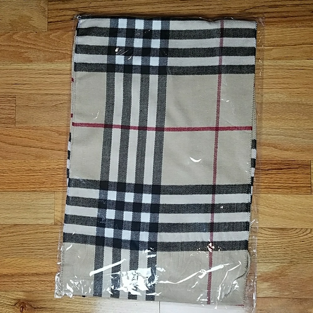 Beige, Black, and Red Plaid Fringe Scarf - Picture 2 of 2