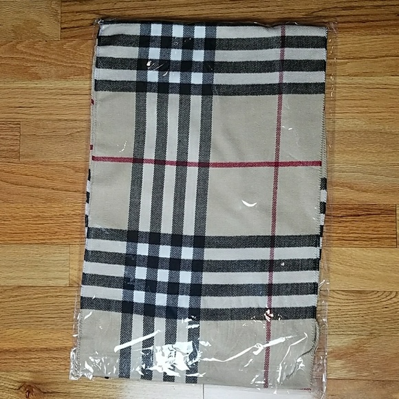 Beige, Black, and Red Plaid Fringe Scarf - Picture 2 of 2