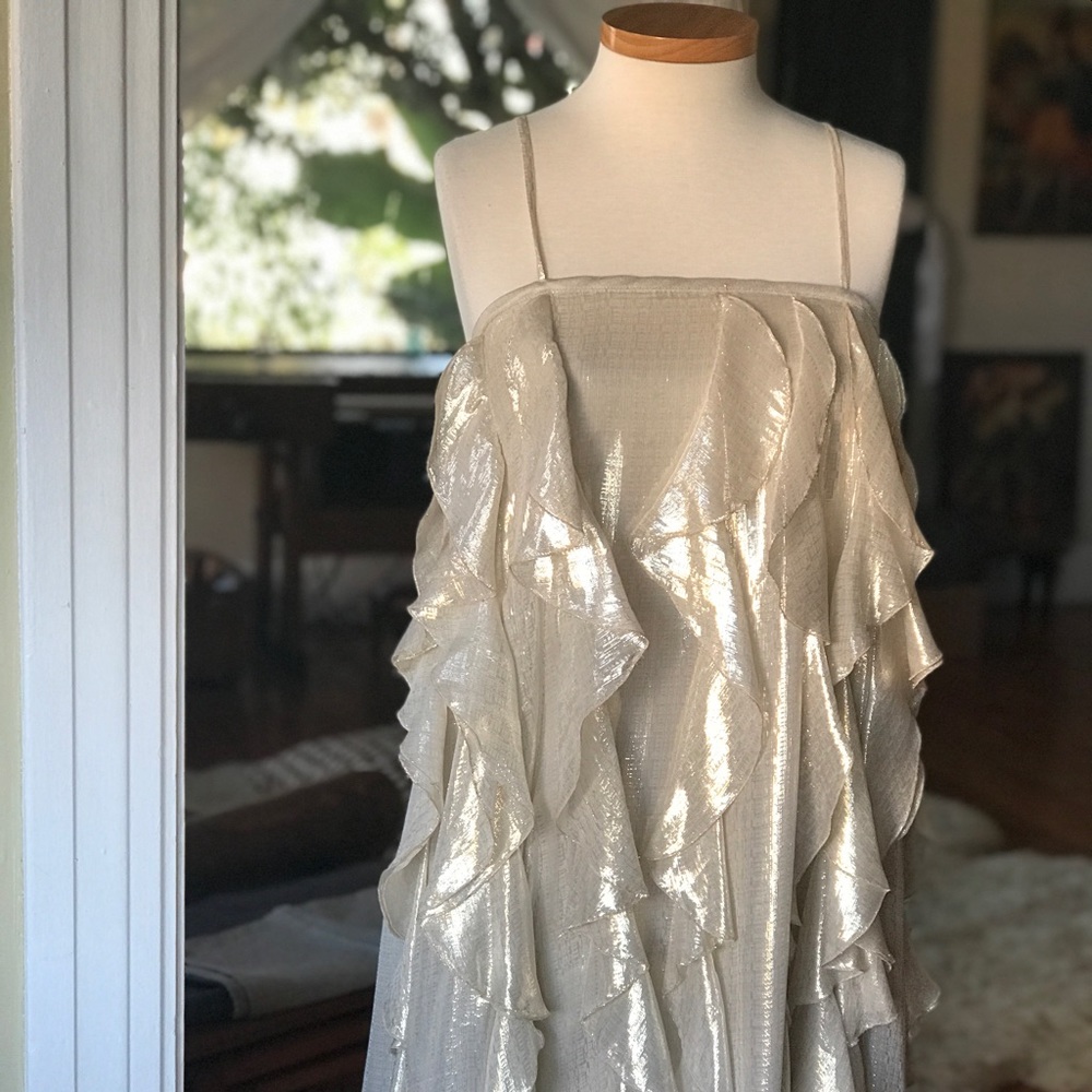 New Krizia Gold Silk Ruffle Runway Dress