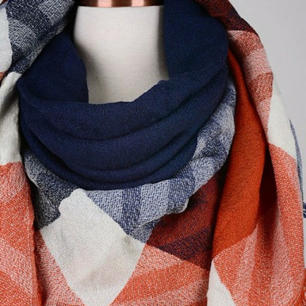 LAST ONE!! Orange and Navy Plaid Scarf - Picture 4 of 4