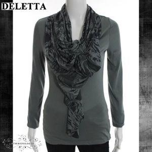 DELETTA (ANTHRO) Blk/Gray Sash-Scarf LS Blouse/Top