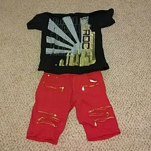 Demolition shorts and rocawear shirt