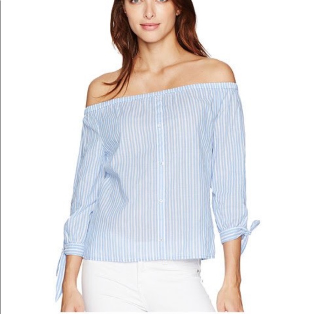 Paige off the shoulder blue and white striped top