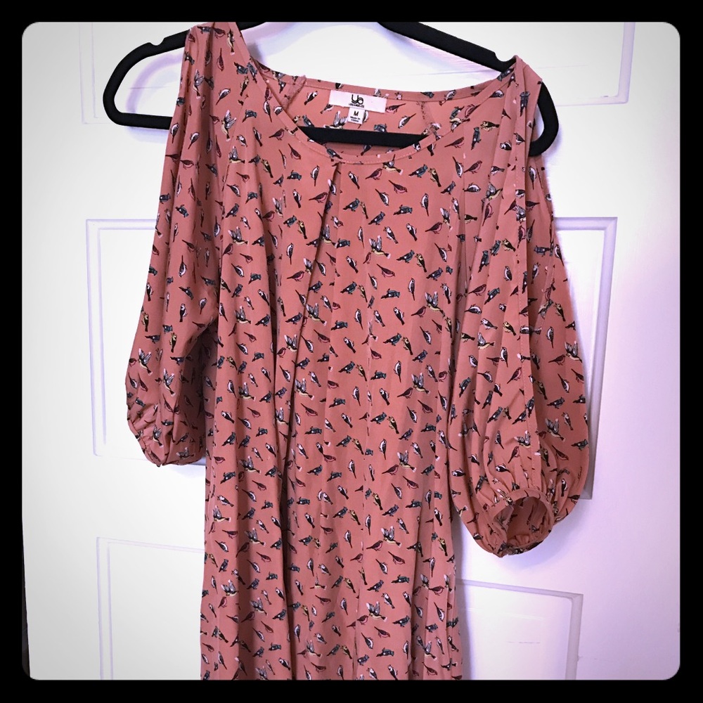 Pretty pink bird print cold shoulder dress