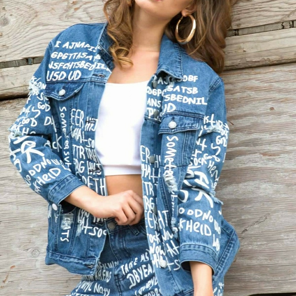 Letter Printed Boyfriend Denim Jacket  - Picture 4 of 5