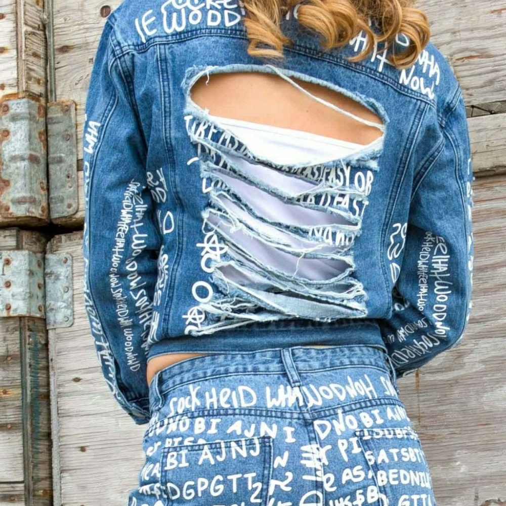 Letter Printed Boyfriend Denim Jacket  - Picture 2 of 5