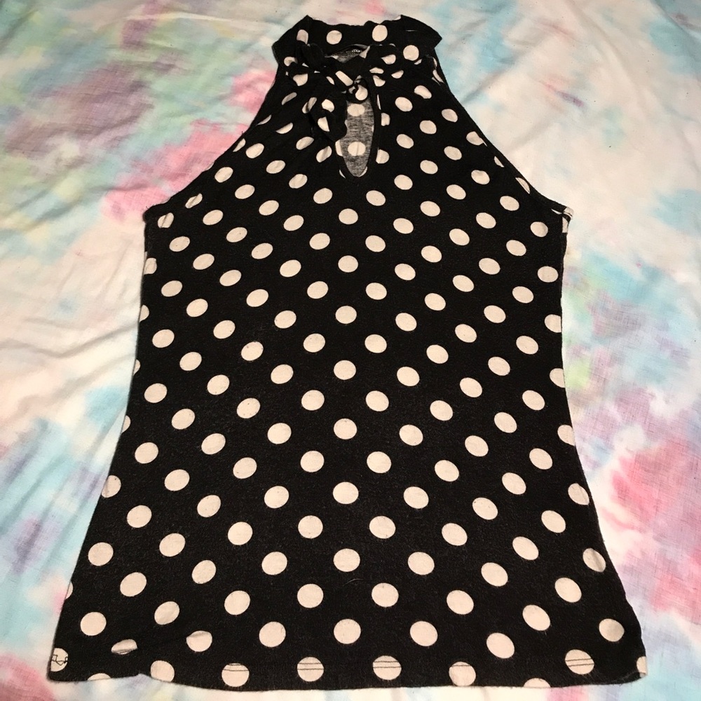 Polka dotted turtle neck key hole top